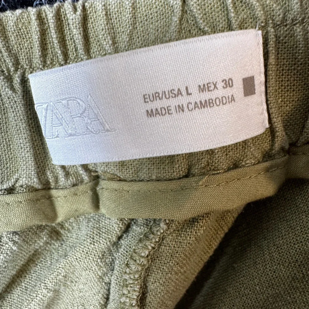 Zara Womens Wide Leg Linen Blend Pants Olive Green Drawstring Size Large